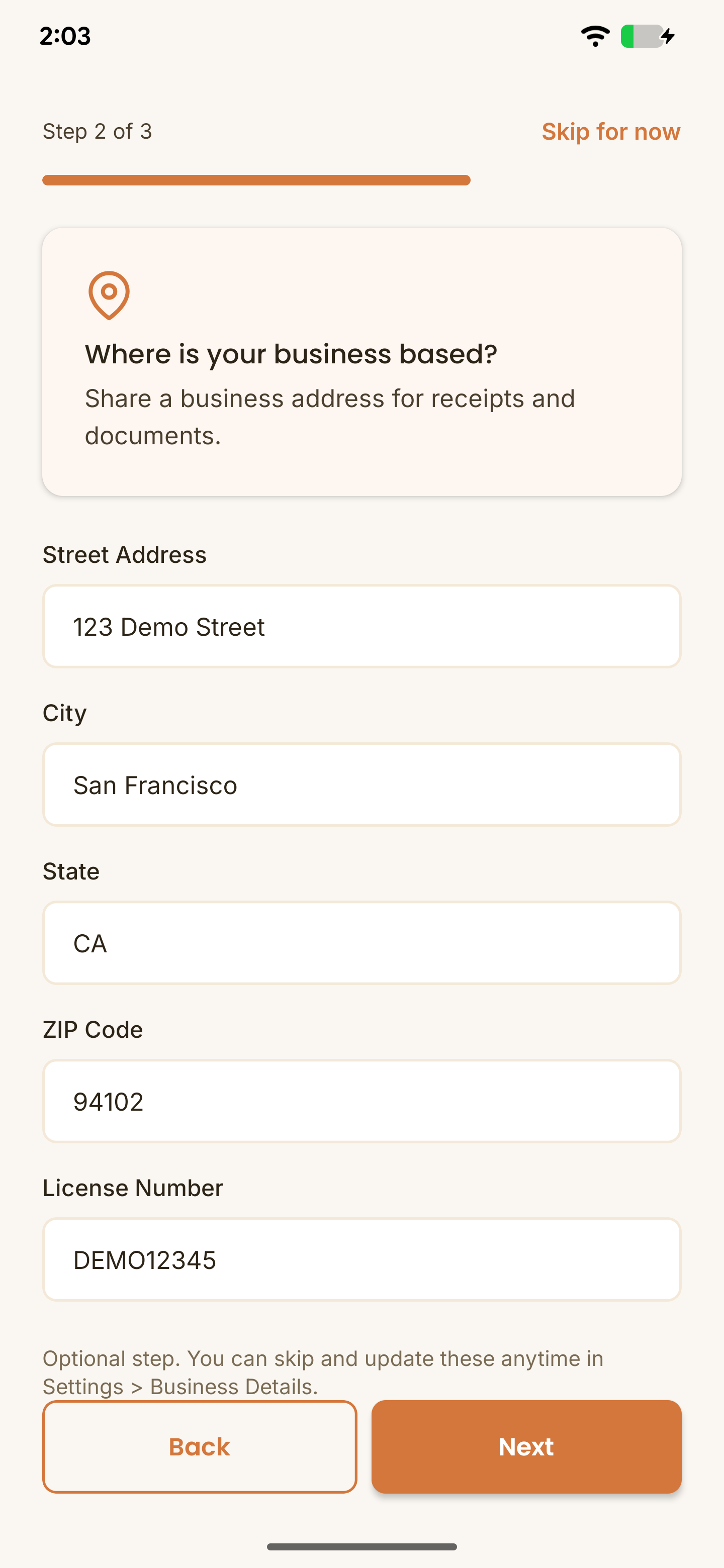 Step 2 of 3 - business information