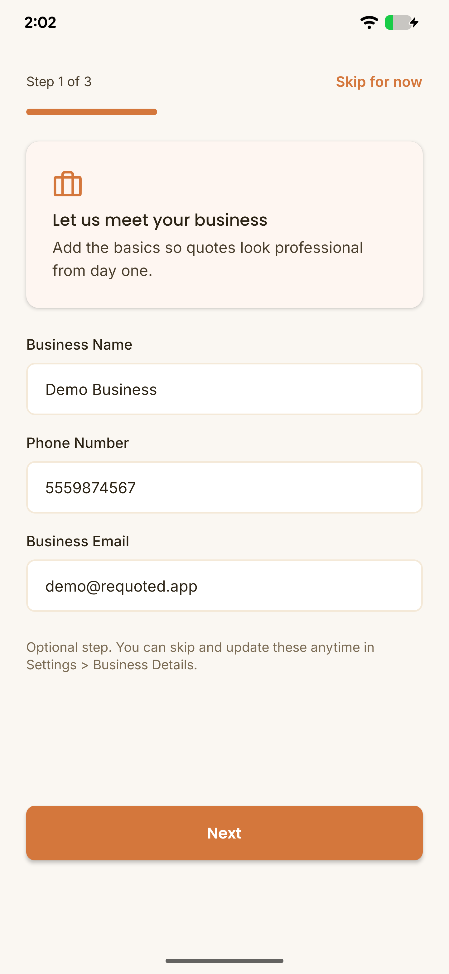 Step 1 of 3 - company profile